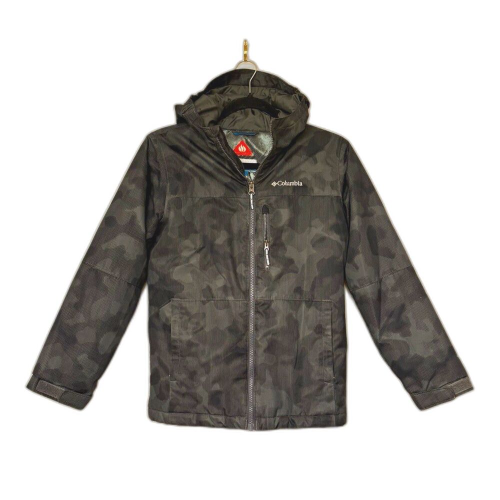 Columbia Kids Omni-Tech Omni-Heat Waterproof Hooded Jacket Gray Camo M 10/12